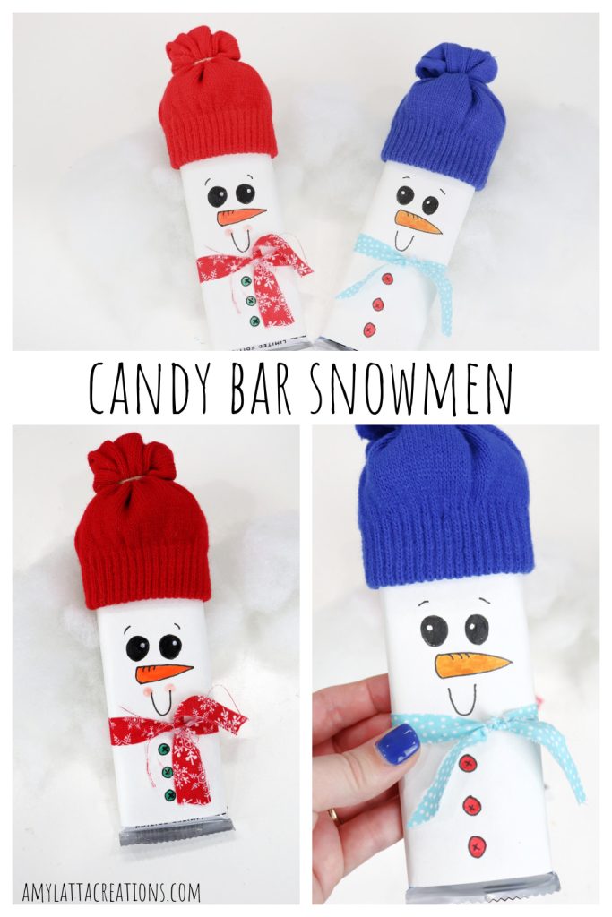 Image is a collage of candy bar snowman images for Pinterest.