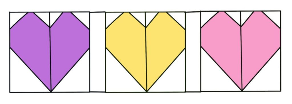 Image is a diagram of three heart blocks separated by two strips of white fabric, as described in the previous step.