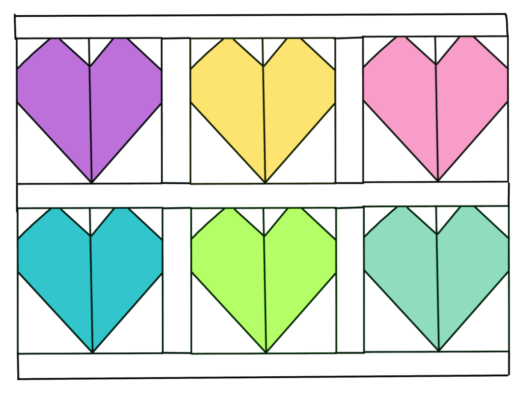 Image is a diagram of the layout of all six heart blocks with vertical and horizontal white fabric strips in between, as described in the instructions.