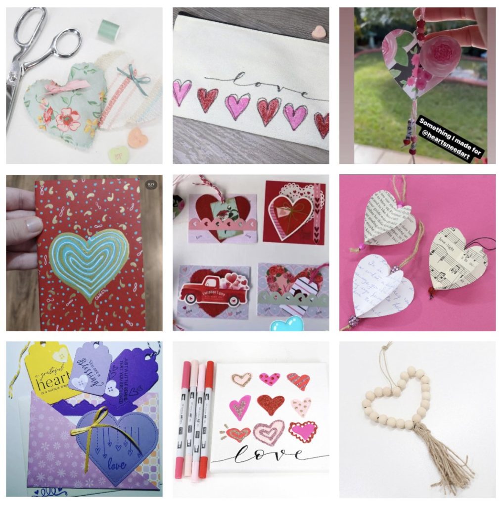 Image is a collage of nine different heart themed craft projects to serve as inspiration for the #make1000give1000 project.