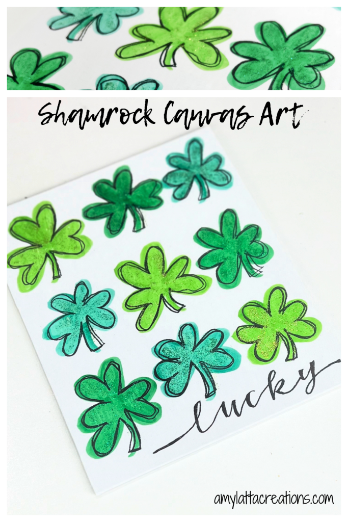Image contains a white canvas with nine green shamrocks drawn on it and the word, “lucky” written in black script.