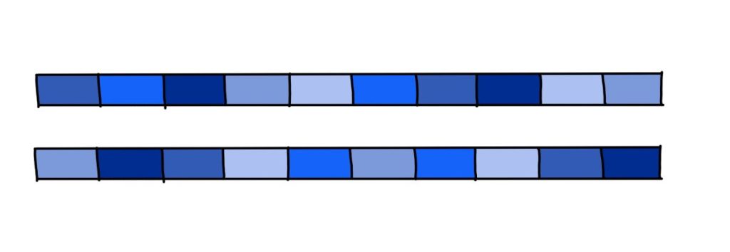 Image is a sketched diagram of two strips of 10 blue rectangles.