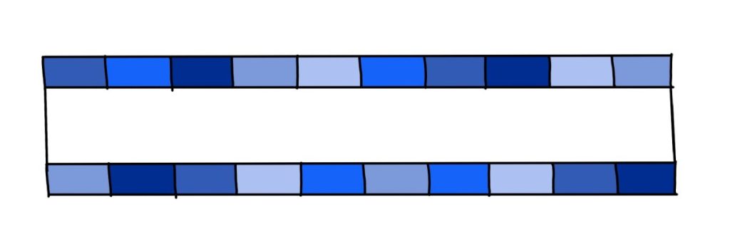Image contains a sketched illustration of a white rectangle with a strip of blue rectangles on either side.