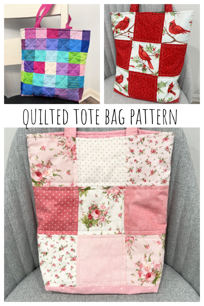 Image is a collage of quilted tote bags.