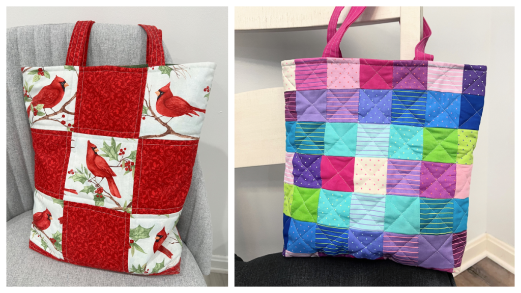 Image contains two fabric tote bags, one made of red and bird print fabrics and the other from multicolored fabrics.