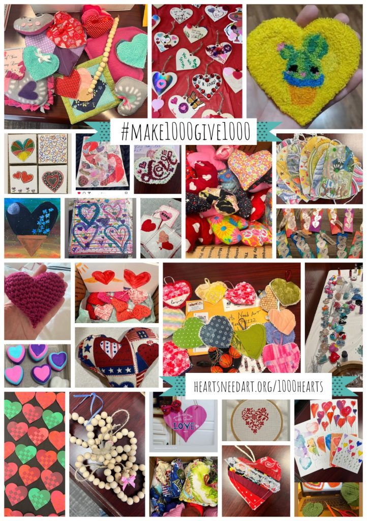 Image is a collage of a variety of handmade hearts.