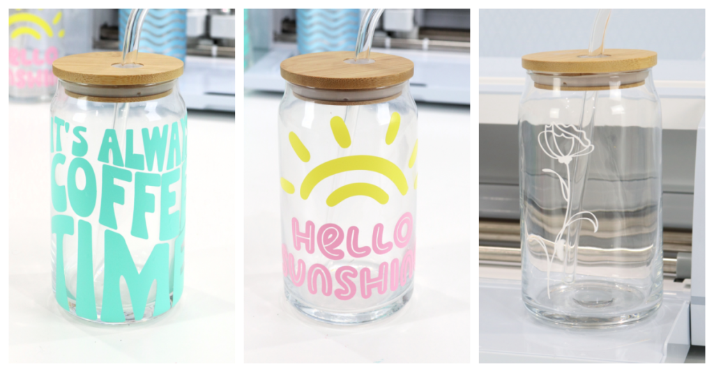 Image is a collage of three decorated glasses. One has the phrase “it’s always coffee time” in mint green vinyl, one has a yellow half sunshine with the words, “hello sunshine” in pink vinyl, and one has a white poppy drawn in a line art style.