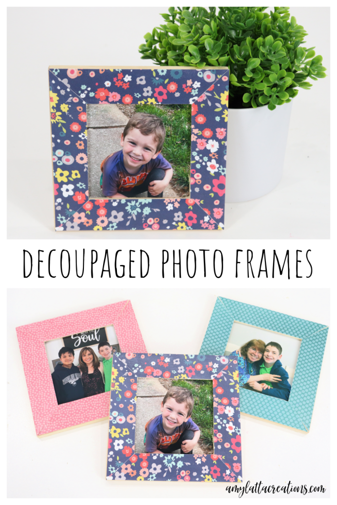 Image is a collage of photos of the finished decoupaged photo frames from the post. It is intended for Pinterest.
