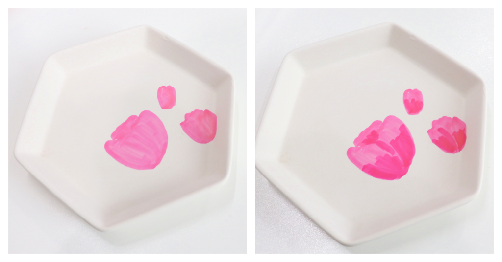 Image is a collage of two photos showing three pink blooms being drawn onto the white jewelry tray.