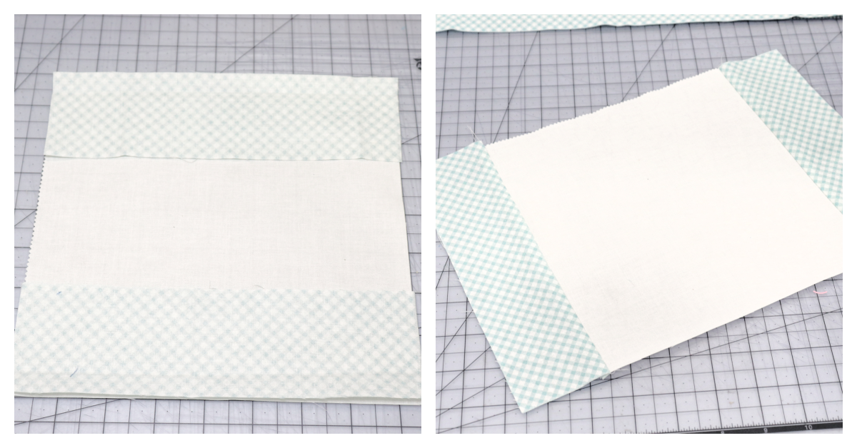 Image is a collage of two photos showing the process for sewing sashing onto a white fabric square.