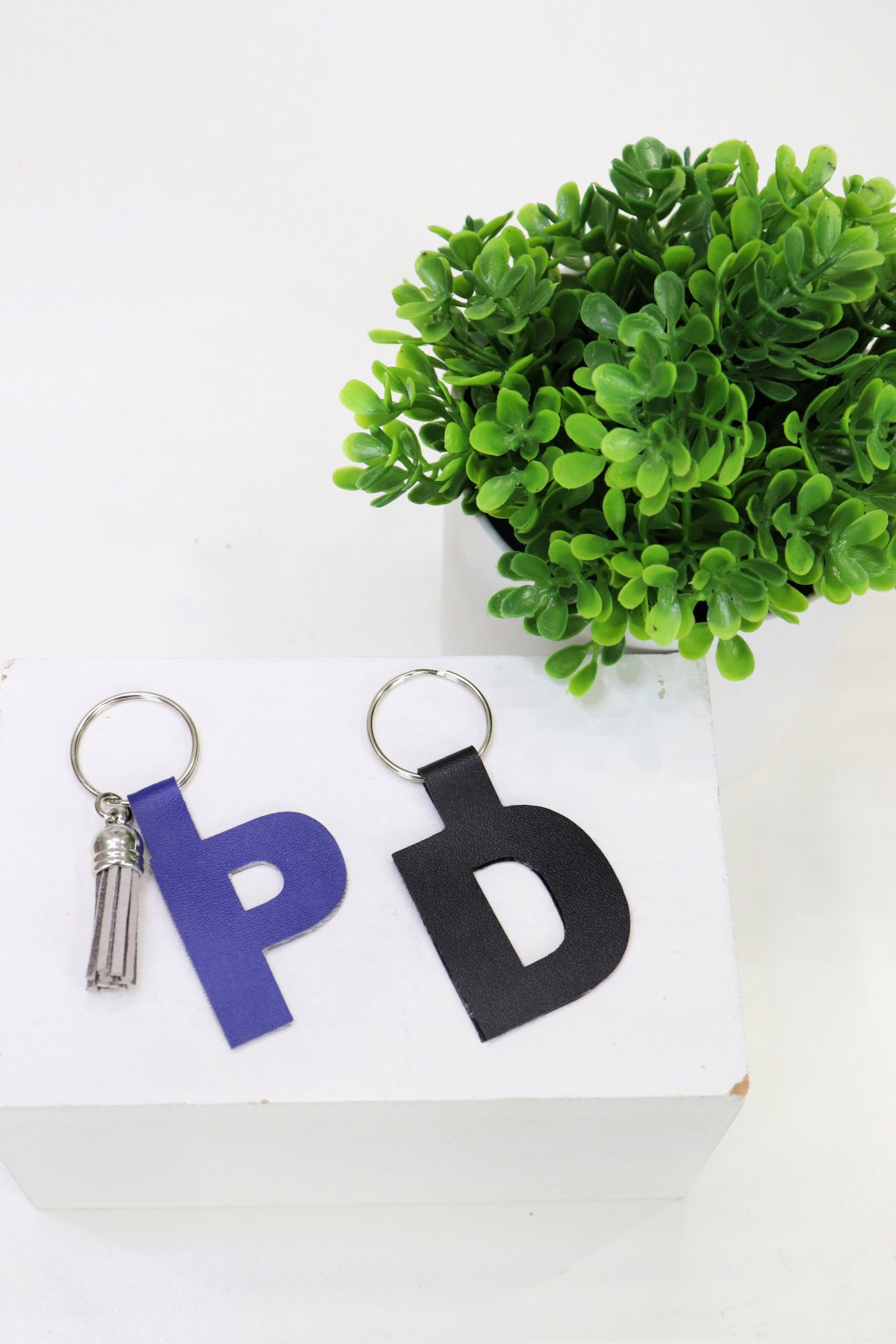 Image contains two monogram keychains; a blue “P” and a black “D” on a white box with a faux plant to the side.