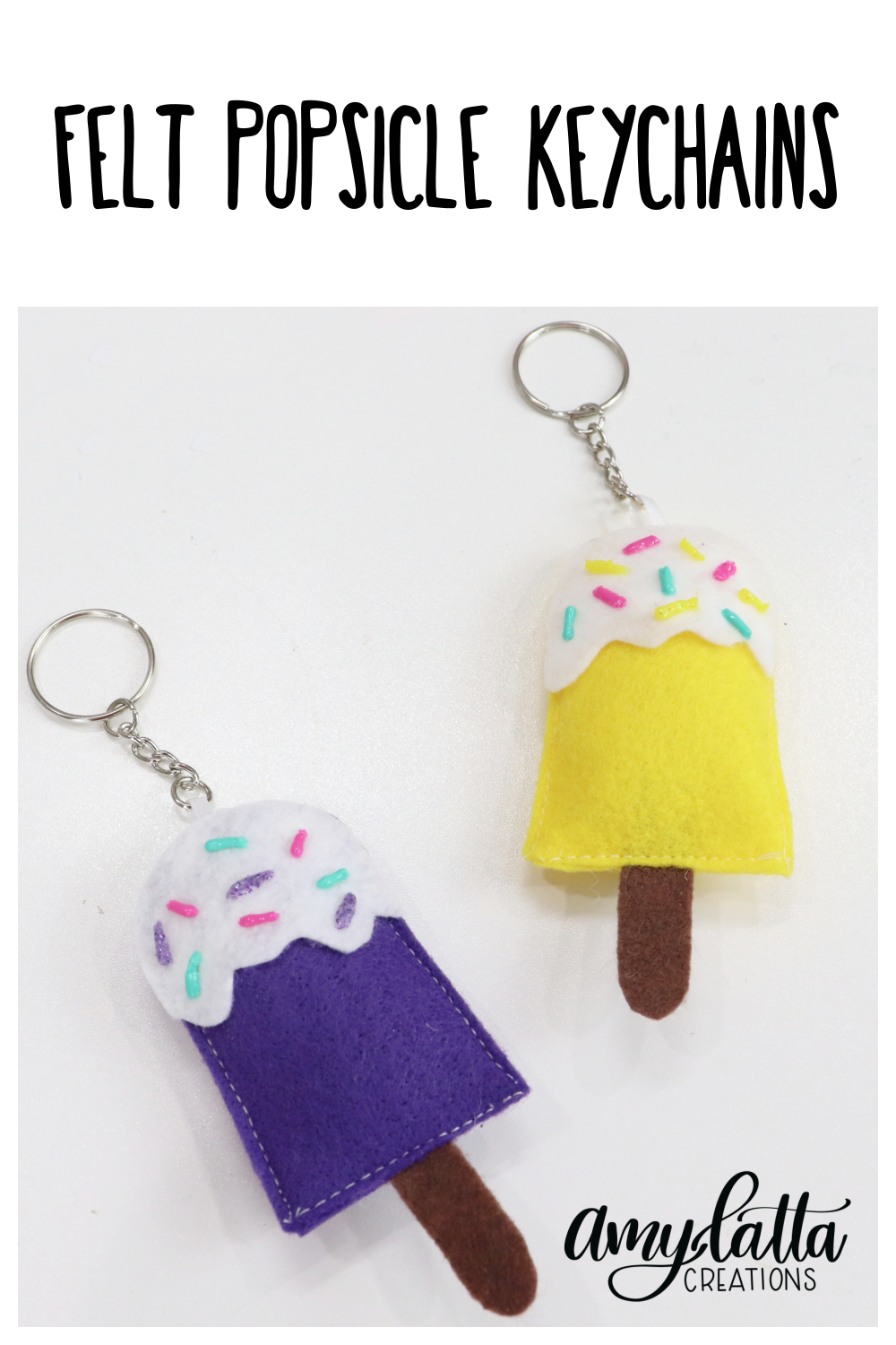 Image contains two popsicle keychains, one purple and one yellow, made from craft felt.
