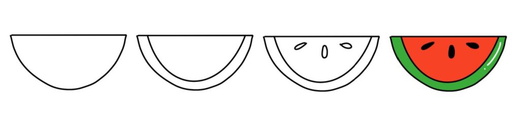 Image contains four steps for drawing a slice of watermelon, as described in the written instructions.