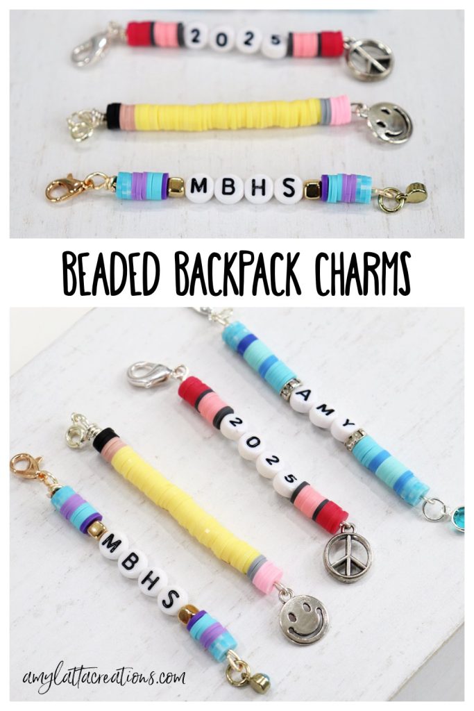 Image contains a collage of project images showing beaded backpack charms for Pinterest.