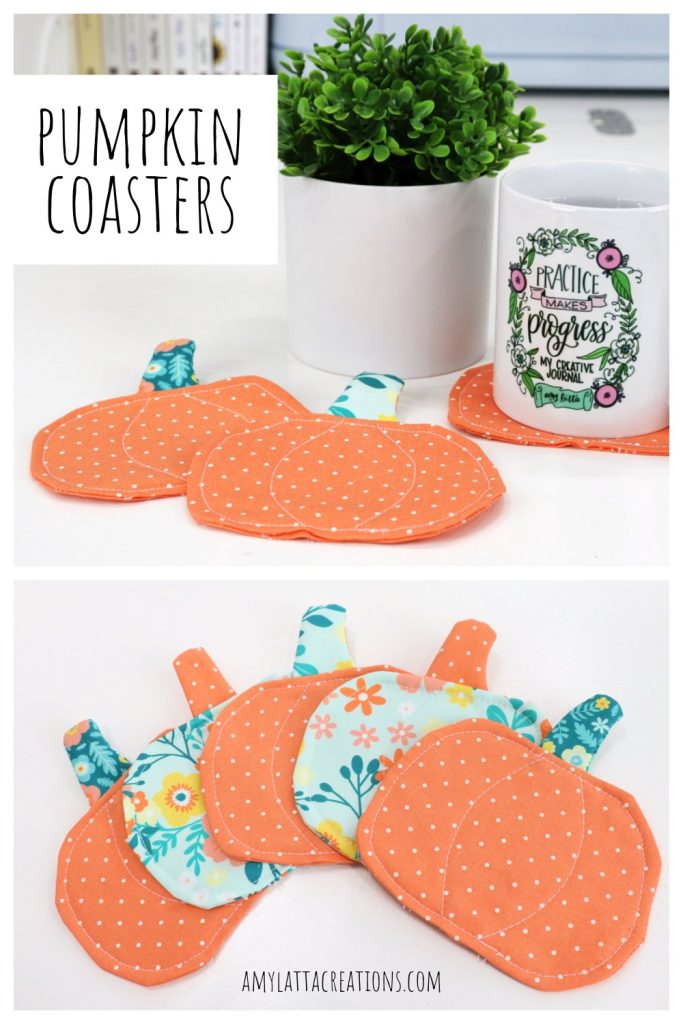 Image contains a collage of photos containing pumpkin coasters made from orange and teal fabrics. It is intended for Pinterest.