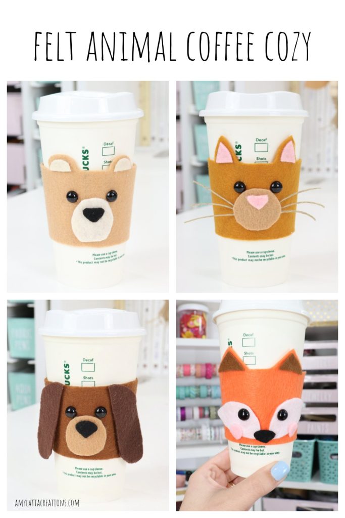 Image contains four felt coffee cozies; a bear, a cat, a dog, and a fox.