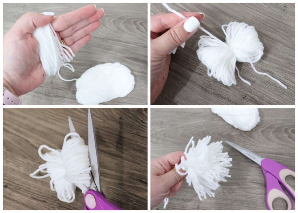 Image is a collage of four photos showing the process of making a pom pom from yarn, as described in the written instructions.