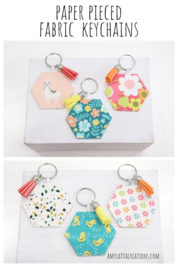 Image is a collage for Pinterest that contains front and back views of three hexagon shaped fabric keychains.