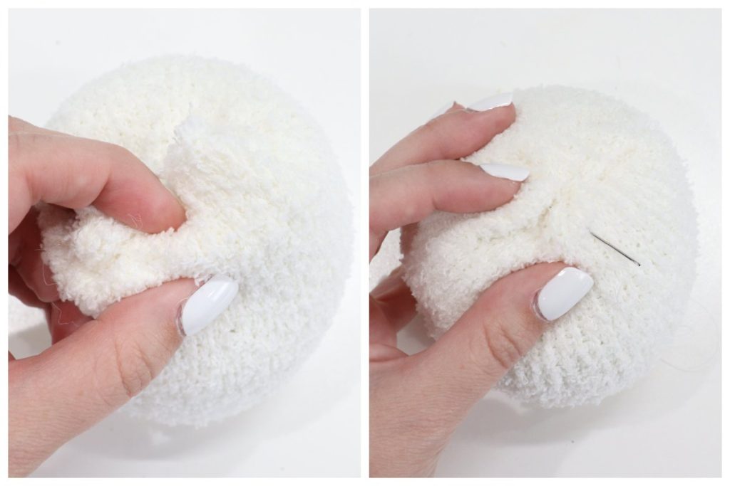 Image is a collage of two photos. On the left, Amy’s hand tucks the excess sock inside the ball. On the right, a sewing needle closes the opening.