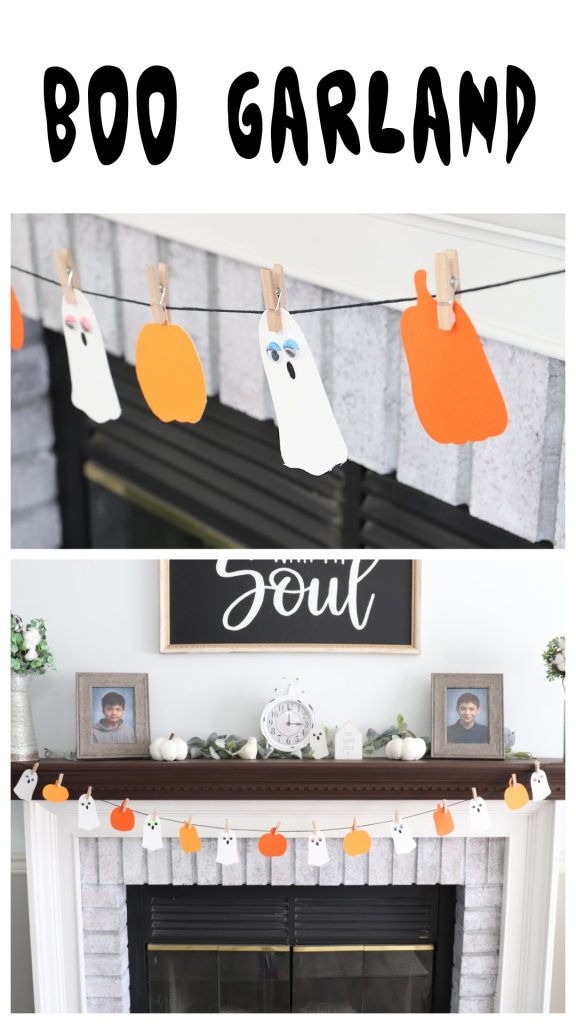 Image is a collage of photos showing a garland made from cardstock ghosts and pumpkins hanging from black twine with wooden clothespins.