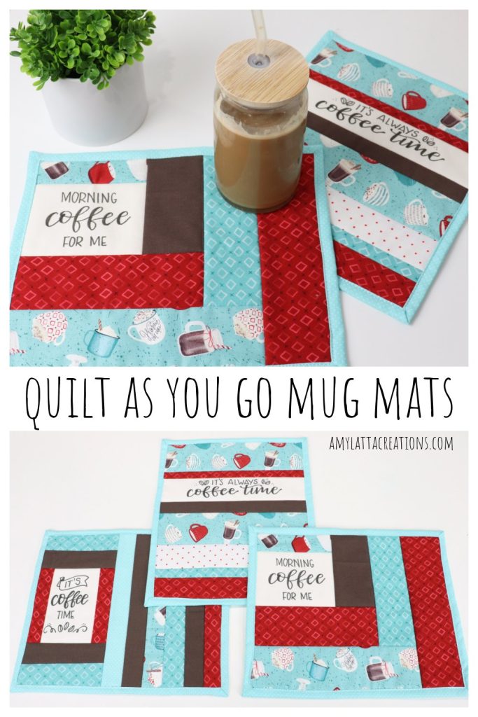 Image is a collage of photos intended for Pinterest, showing quilted mug mats in teal, red, brown, and white fabrics. 