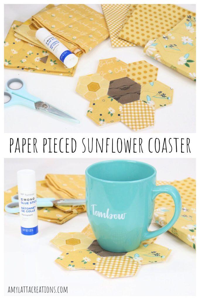 Image is a collage of project photos showing the sunflower coaster made from fabric covered hexagon shapes. It is intended for saving to Pinterest.