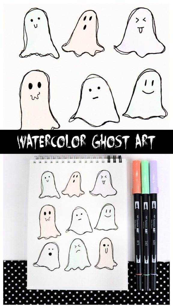 Image is a collage of photos showing watercolor ghost art, intended for Pinterest.