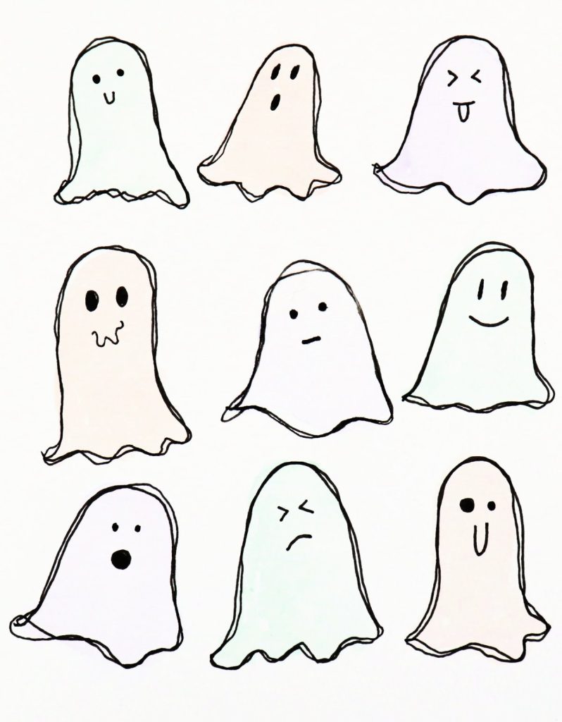 Image contains nine cartoon sketches of ghosts, each with a different facial expression.
