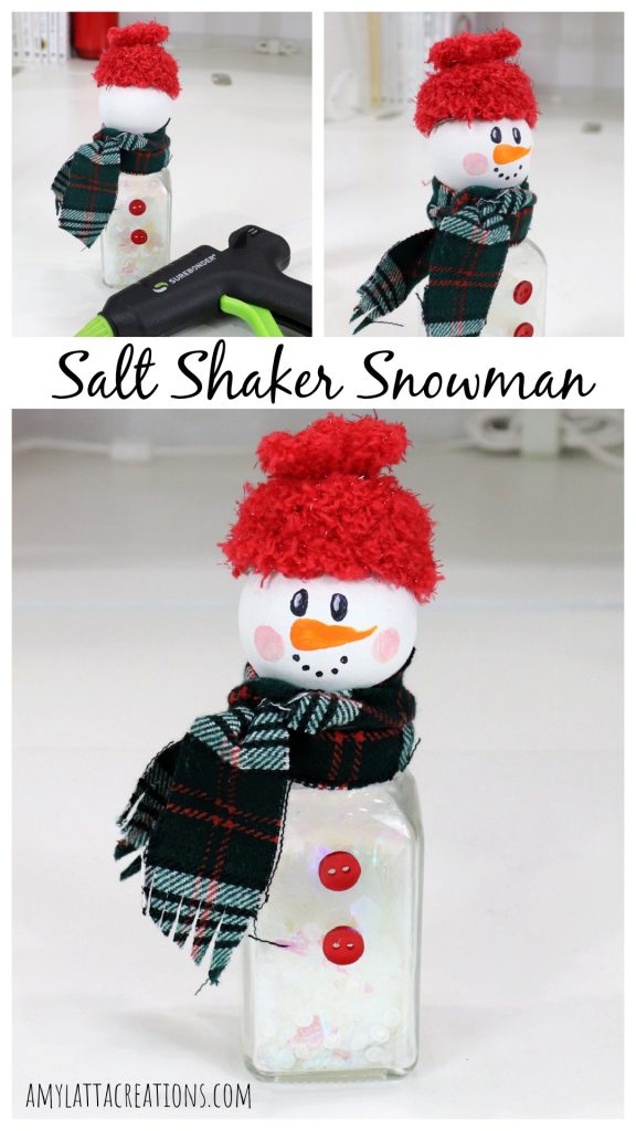 Image is a collage of three project photos labeled with the words, “Salt Shaker Snowman.” It is intended for saving to Pinterest.