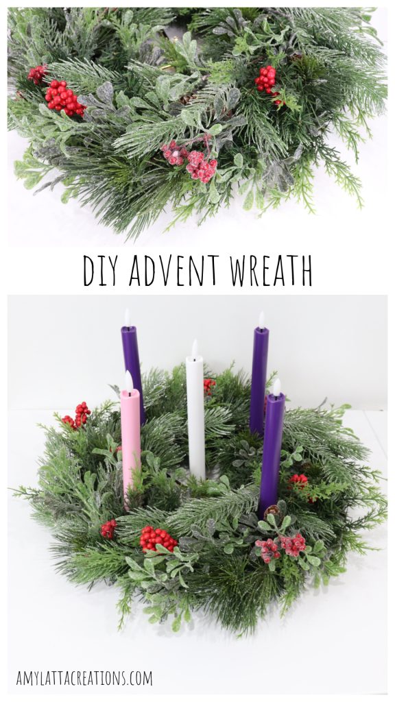 Image is a collage of photos of an advent wreath with text reading, “DIY Advent Wreath.” It is designed for Pinterest.