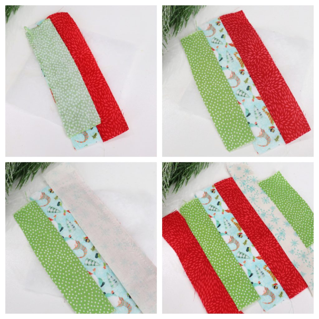 Image is a collage showing the step by step process for adding each additional fabric strip and sewing it in place.