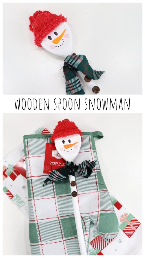Image is a collage of photos showing the finished snowman project made from a painted wooden spoon. It is intended for saving to Pinterest.