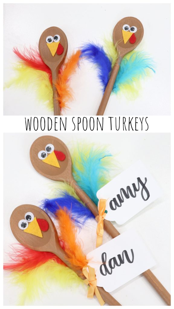 Image contains two finished photos of the turkey spoon project and the craft title. It is intended for Pinterest.