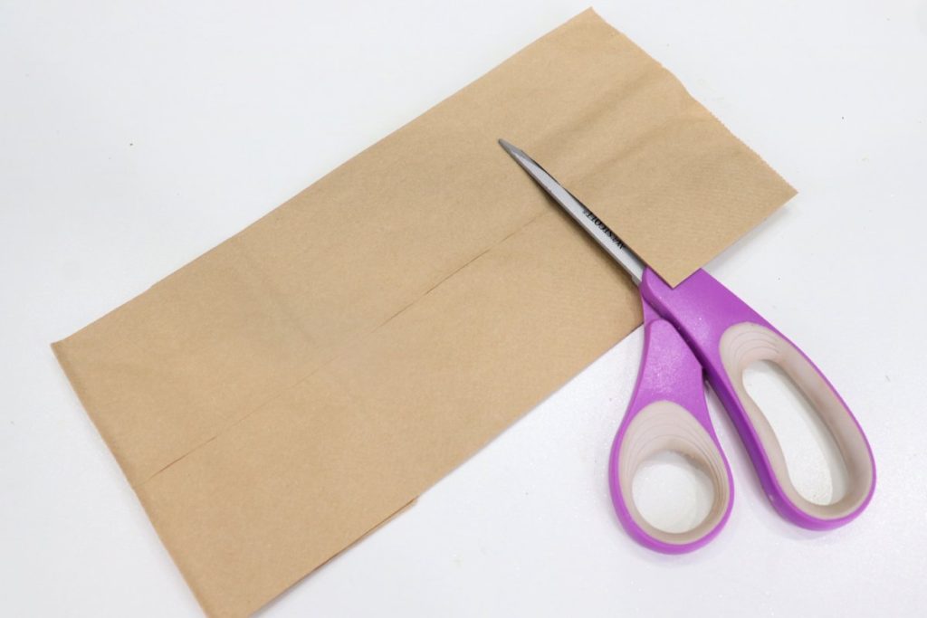 Image contains a brown paper lunch bag with a pair of purple handled scissors cutting off the top.