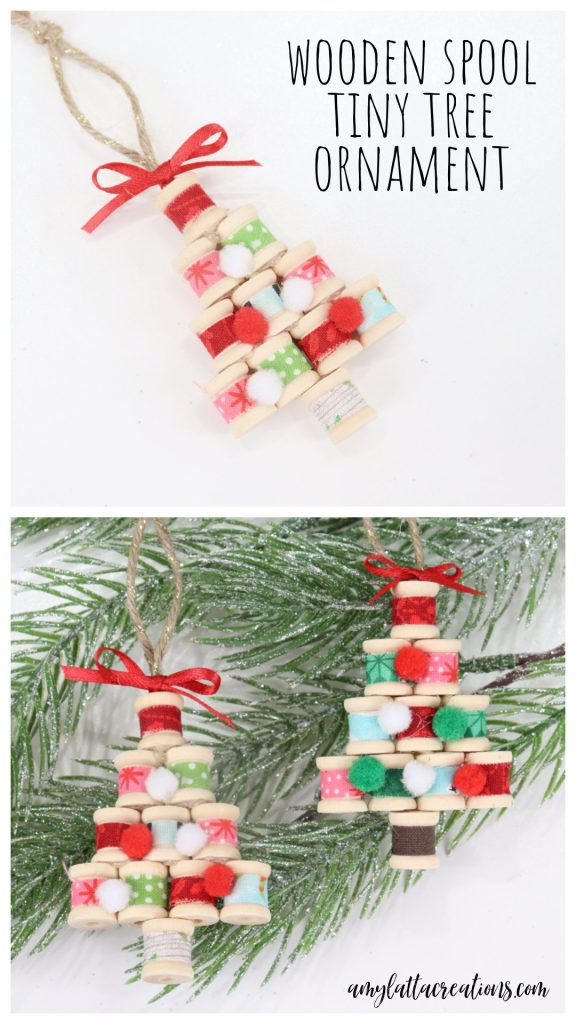 Image is a collage of photos showing the finished wooden spool ornament project, intended for saving to Pinterest.