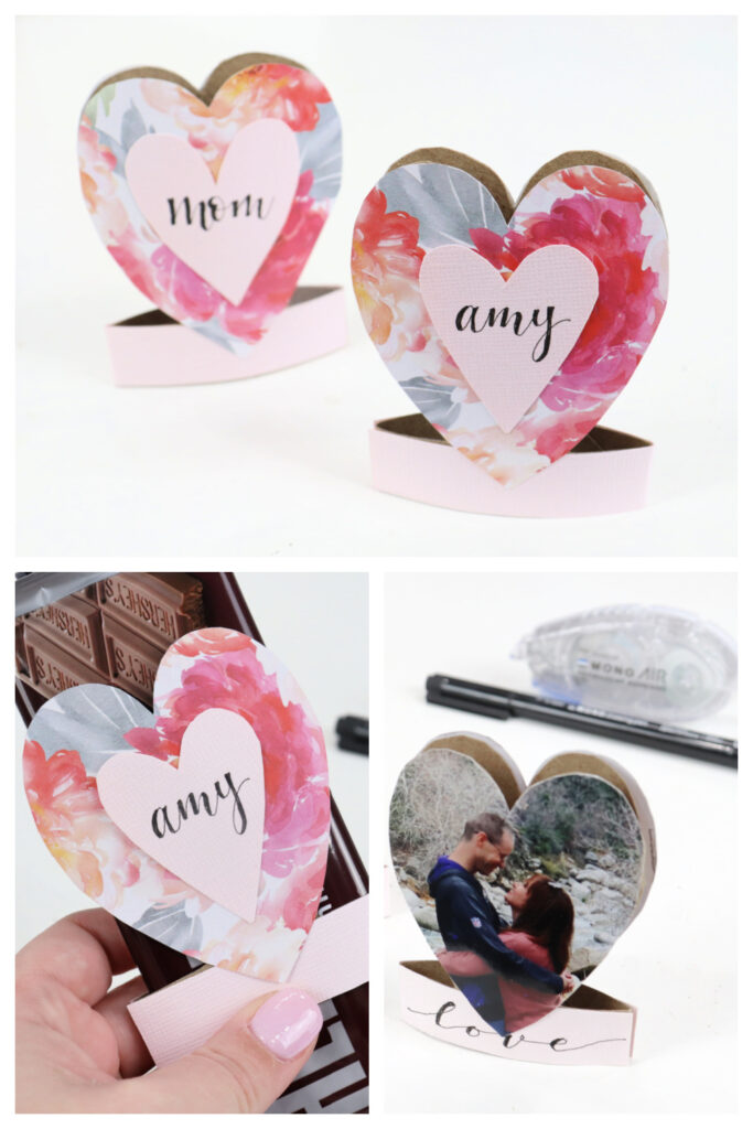 Image contains a collage of project images featuring reversible paper roll valentines, intended for Pinterest.