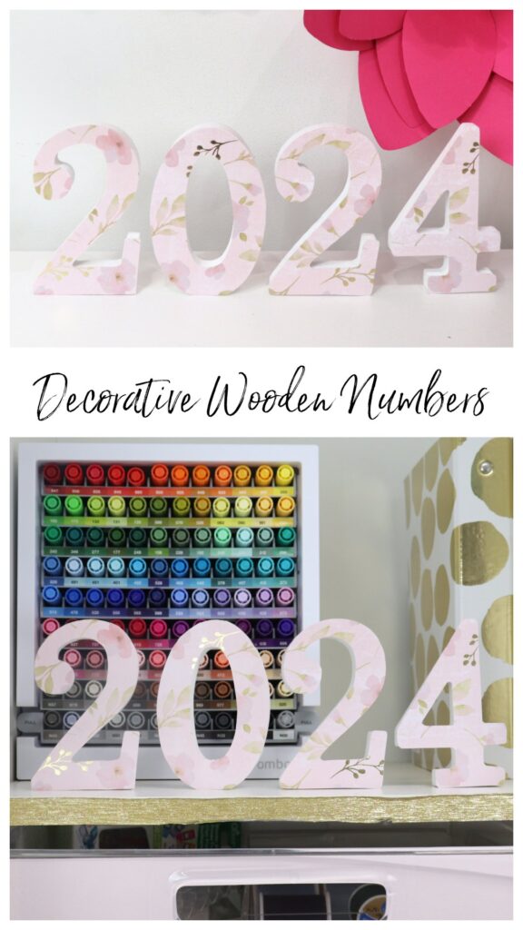 Image is a collage of project photos with the text, “Decorative Wooden Numbers,” intended for Pinterest.