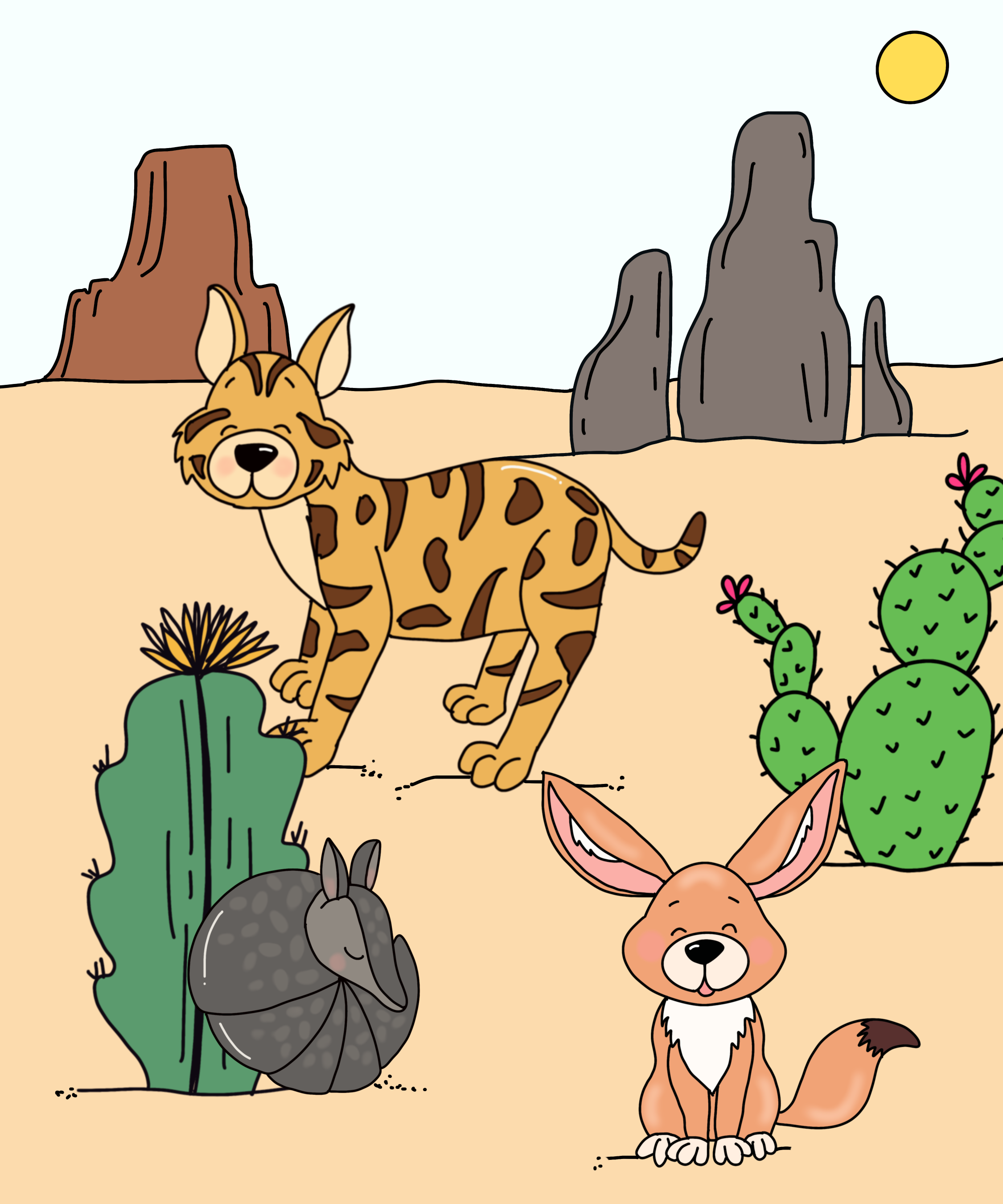 Image is a hand-drawn desert scene including an armadillo, a bobcat, and a fennec fox among cacti and rock formations.