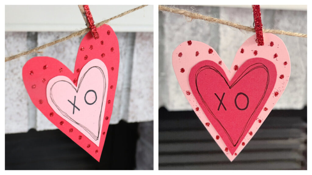 Image is a collage featuring two close-up views of hearts. Both have red glitter polka dots in the background and a smaller heart on top with an “xo” in the center in black marker.