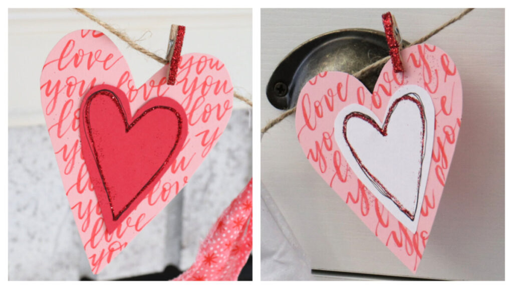 Image is a collage showing close-up views of two pink hearts with the words “love you” written in red brush script all over them. On top of each pink heart is a smaller heart (one red, one white) that is outlined with black marker and red glitter.
