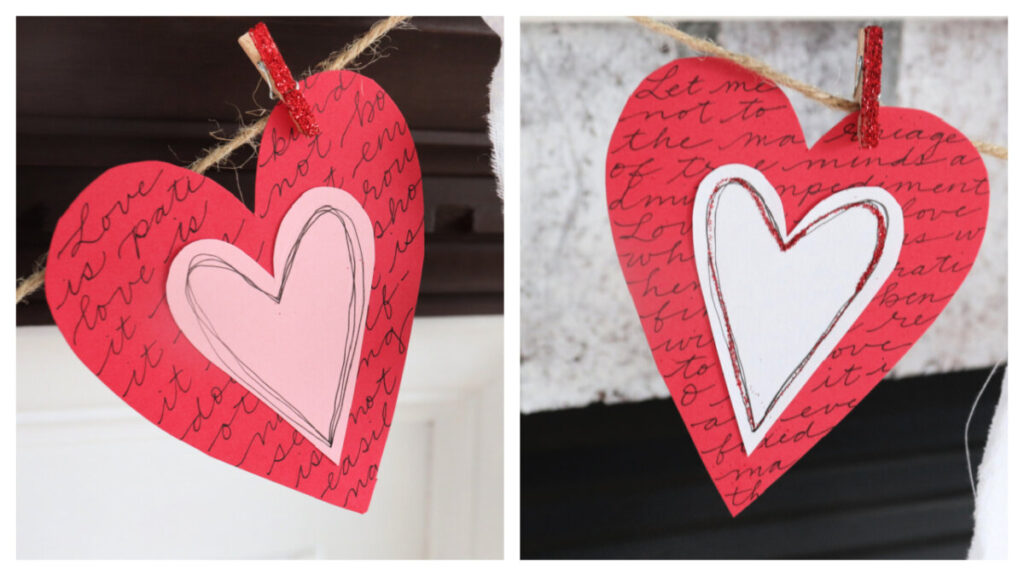 Image is a collage of two close-up views of red hearts, each with text from a love quote written across the background in a thin script. Another heart is layered on top and outlined.