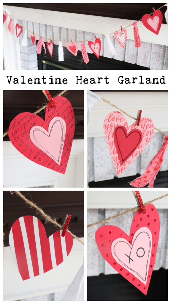 Image is a collage of project photos with the text, “Valentine Heart Garland,” intended for Pinterest.