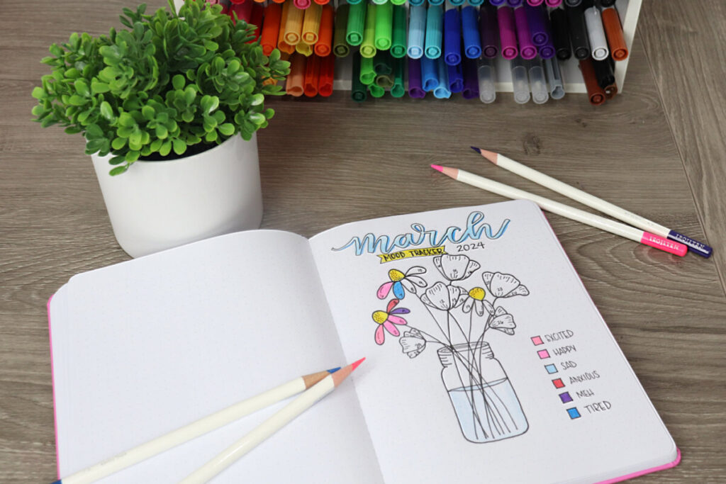 Image contains an open sketchbook with a hand drawn floral mood tracker page. Assorted colored pencils lay around it on a wooden desktop.
