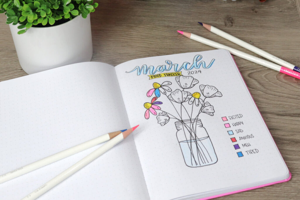 Image contains an open sketchbook with a hand drawn floral mood tracker page. Assorted colored pencils lay around it on a wooden desktop.