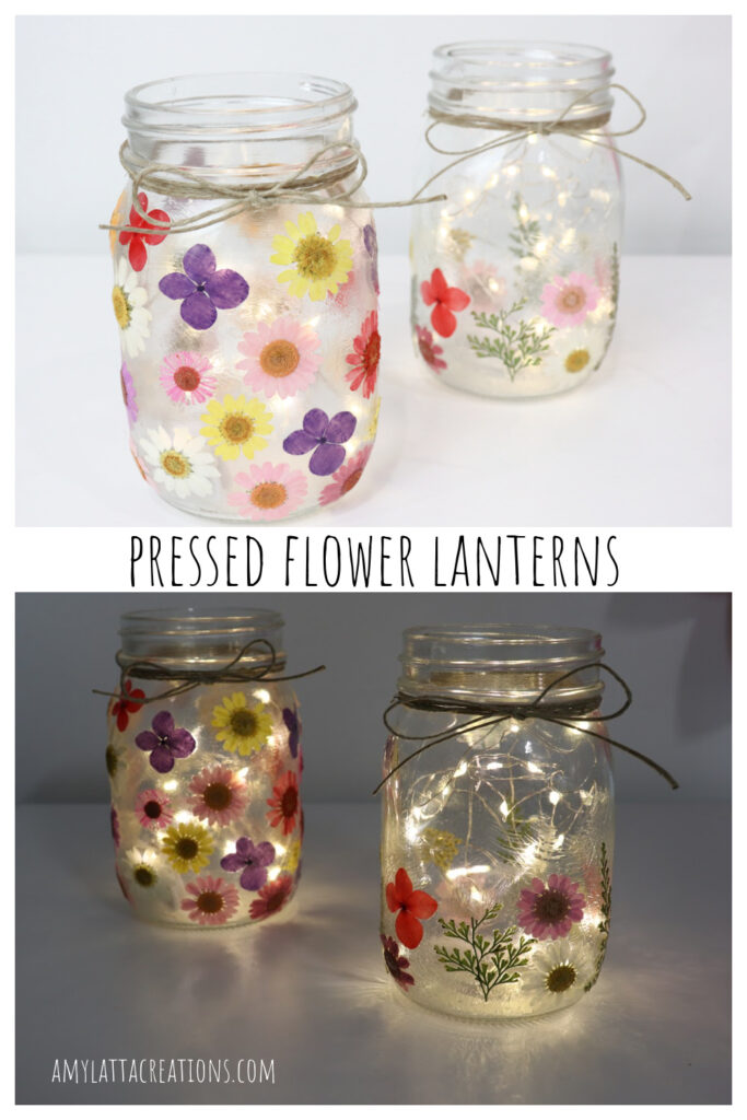 Image contains two photos of pressed flower lanterns; one in the light and one in the dark, along with the project title. This image is intended for saving to Pinterest.