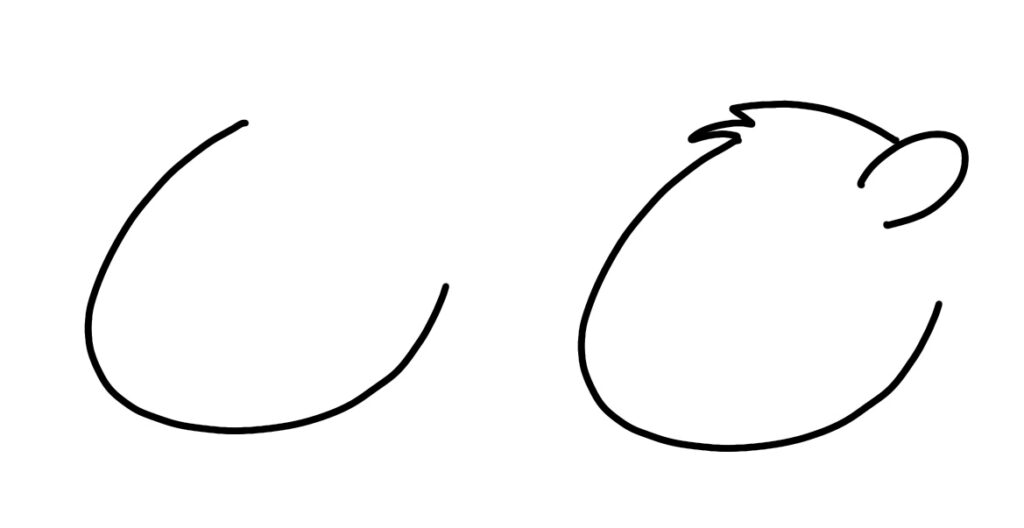 Image contains the first two steps of drawing a groundhog: a “c” shape with a small ear and a zig zag for hair.