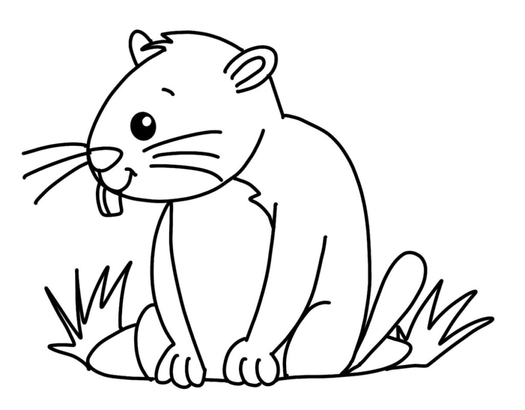 Image shows the finished groundhog doodle, in black and white.