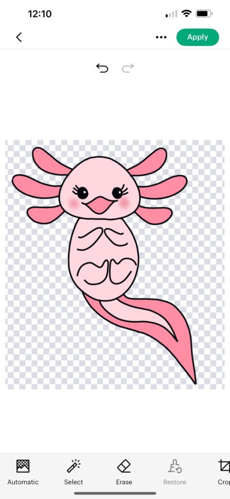 Image is a screenshot of an axolotl drawing uploaded into Cricut Design Space.