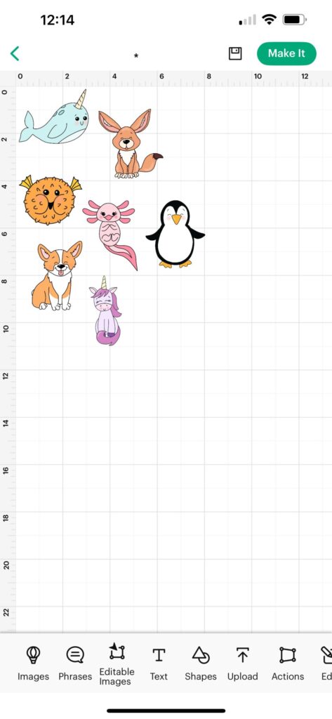 Image is a screenshot of the canvas in Design Space with seven animal drawings uploaded onto it.