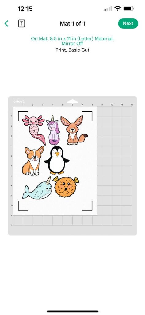 Image is a screenshot from the Design Space app showing the layout of seven animal stickers on the page and cutting mat.